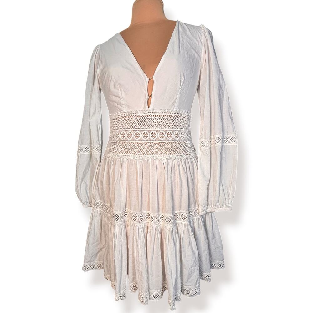 AREA Stars White Cotton Crochet Lace Boho Tiered Mini Dress Large Romantic